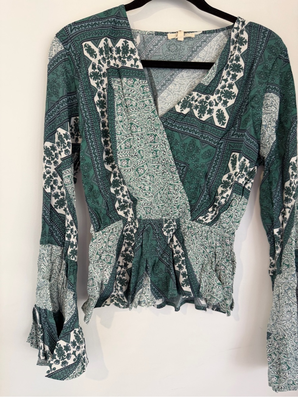 easel Green and White Paisley Wrap Blouse